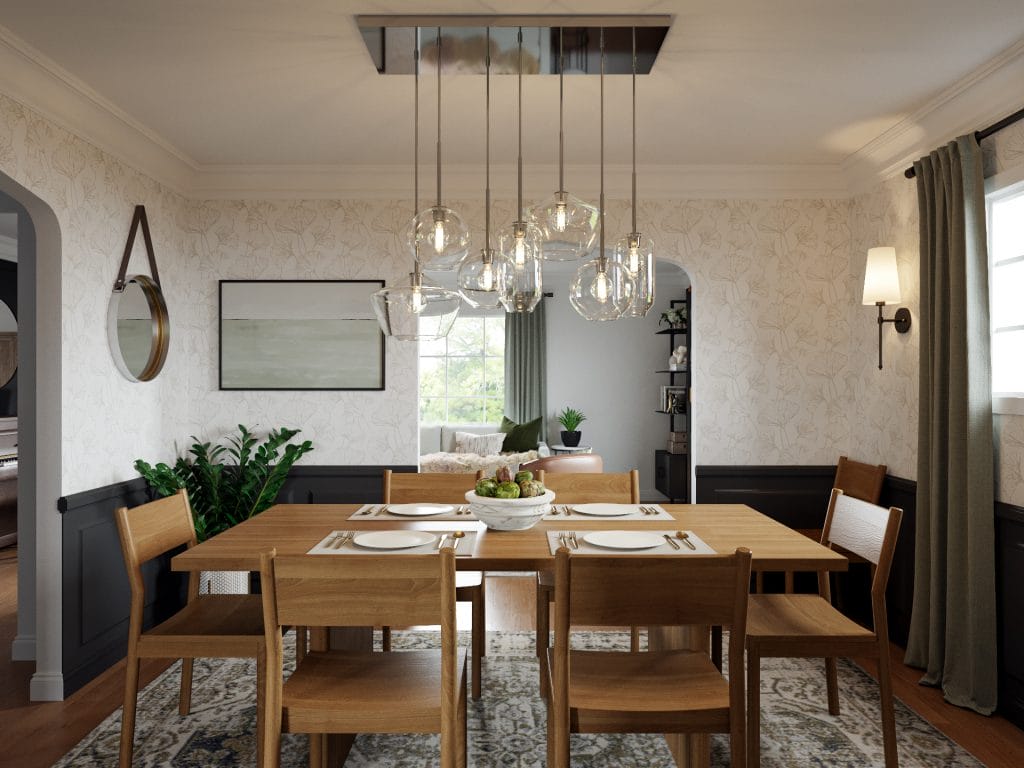 The dining room features clean lines paired with vintage-inspired accents by Decorilla